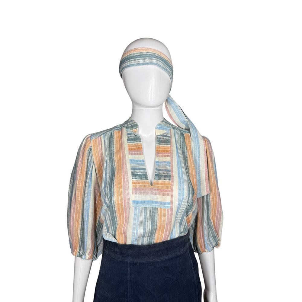 Vintage 60s Linen Playa Striped Hippie Top + Sash Skinnidip California Sz Small